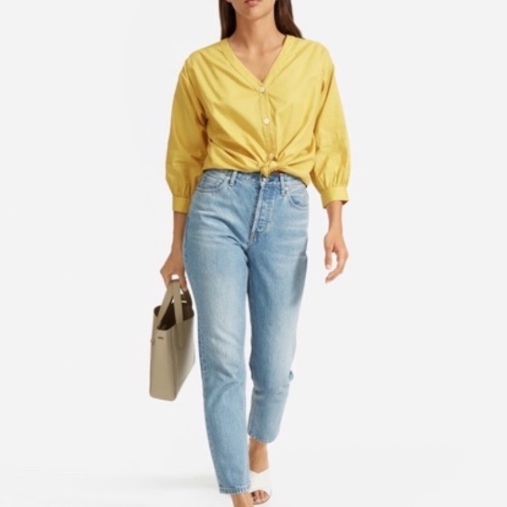 Everlane Women Top Size 6 Silky Cotton Lantern Blouse Yellow Button Up V-Neck